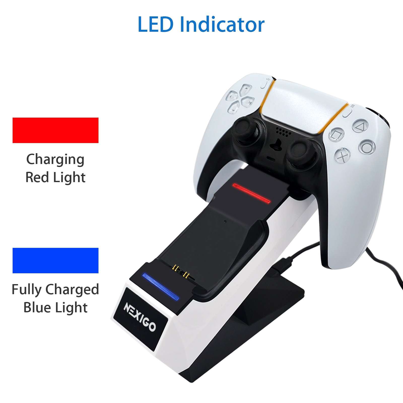 PS5 controller charging station with dual LED indicators: red for charging, blue for a full charge