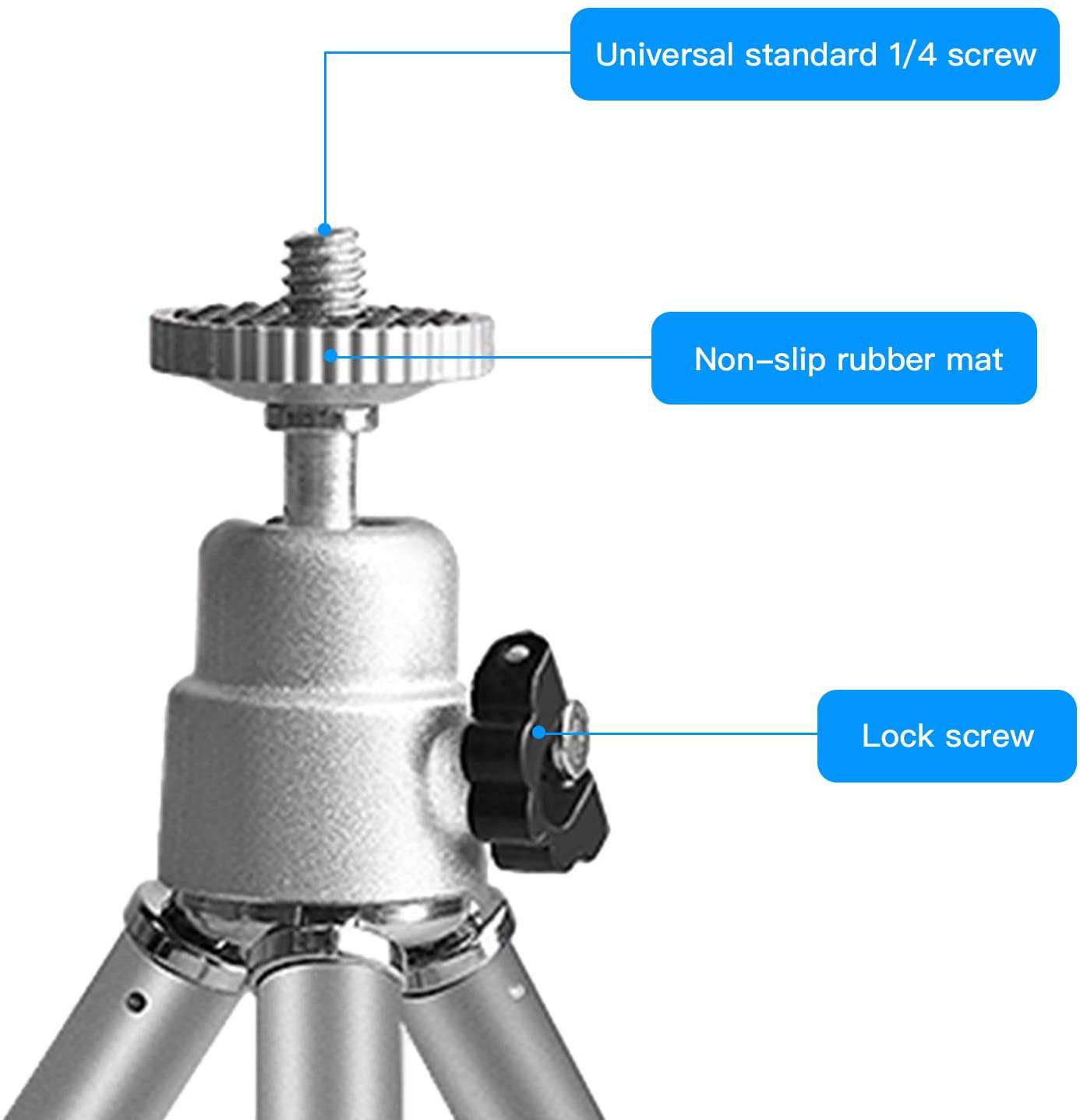 Universal tripod with 1/4 screw and secure screw lock for stability.
