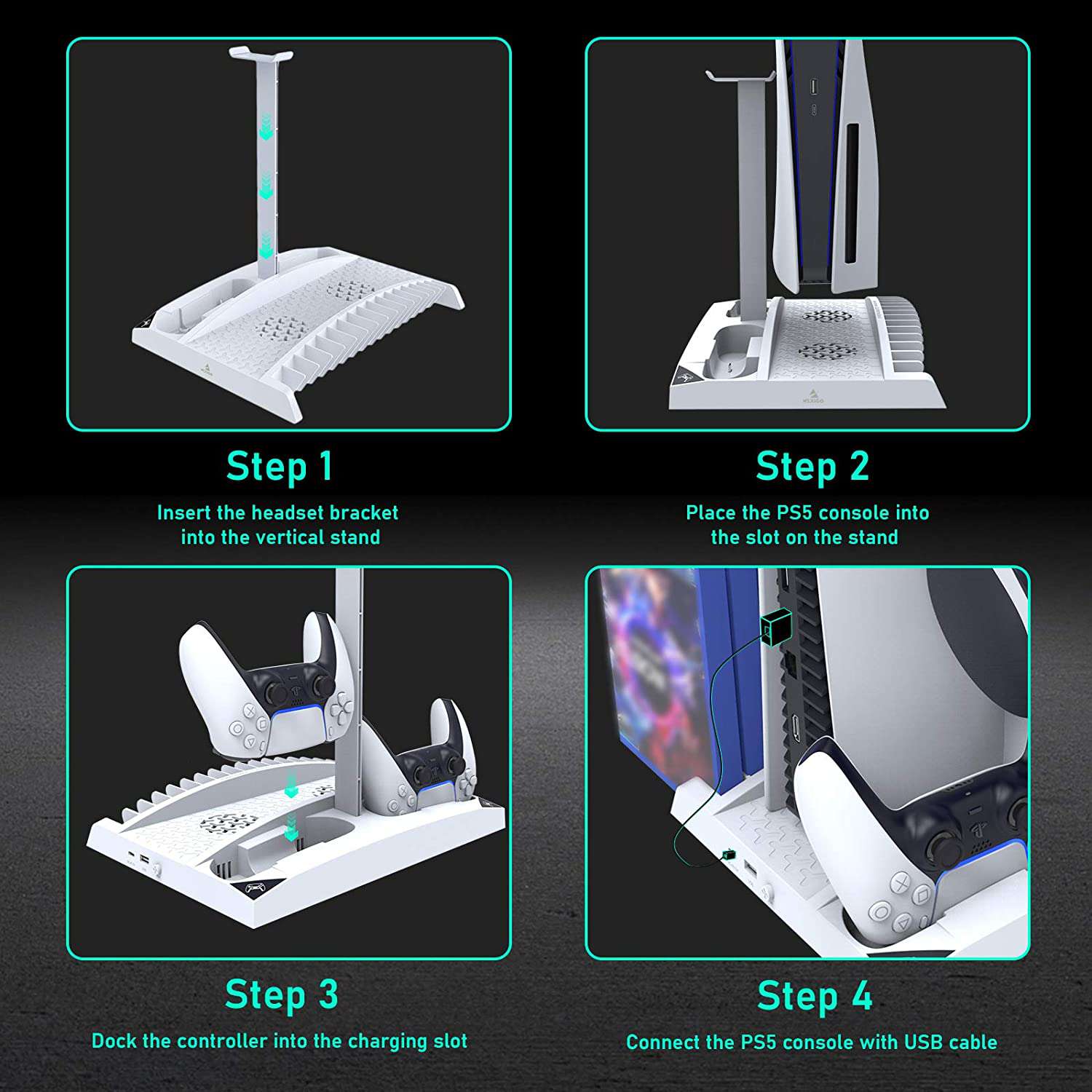 White PS5 charging dock: Install headphones, fix PS5 console, add 2 controllers, connect USB for power.
