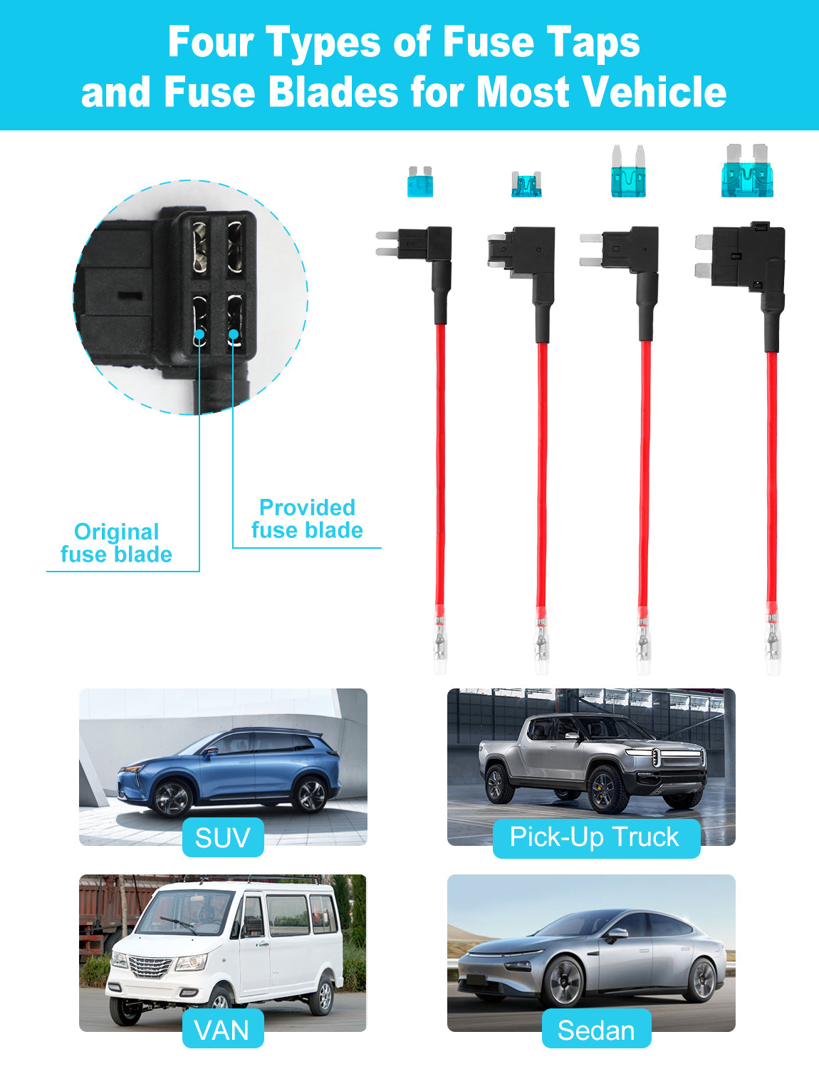 Select from 4 fuse taps and blades for SUV, truck, van, and sedan compatibility.