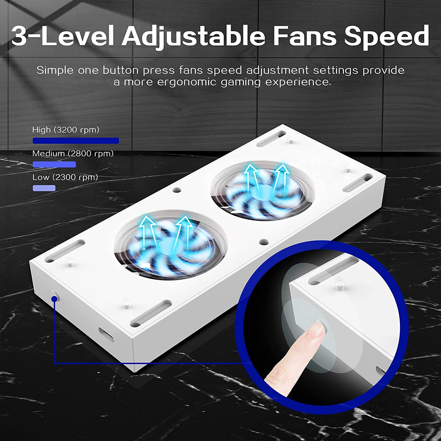 Adjustable fan speed with three settings controlled by a simple button press.