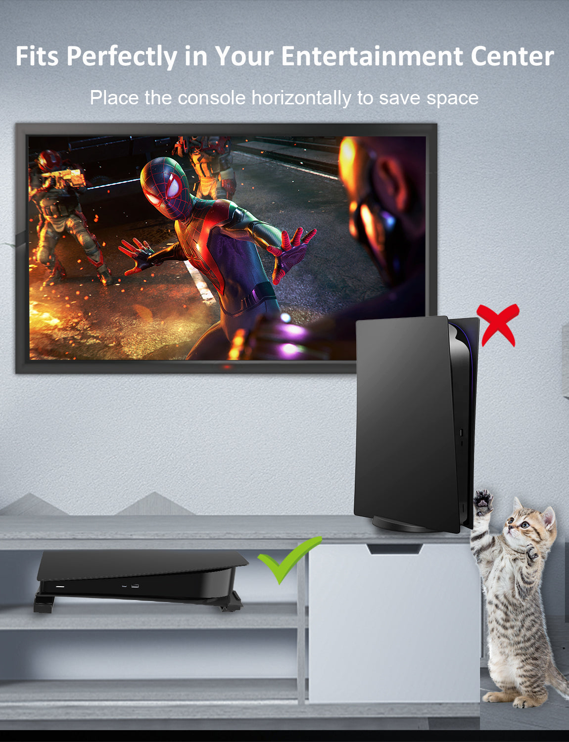The included vertical stand in the kit saves space and protects PS5 from collisions.