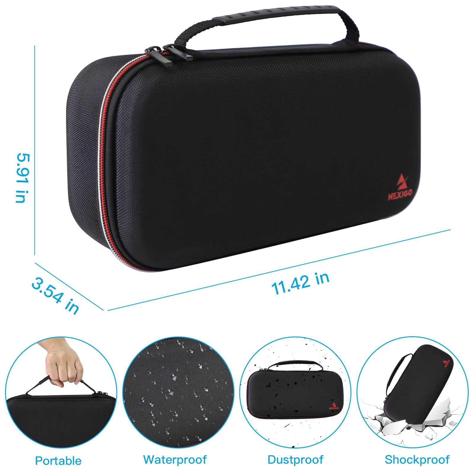 The carry case measures 11.42 x 5.91 x 3.54 inches (L x W x H).