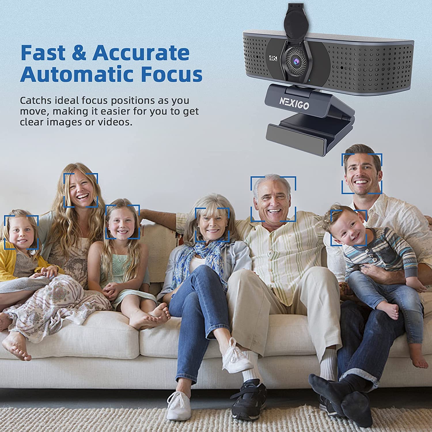 A family of seven is using the N690 webcam with autofocus for video chatting.