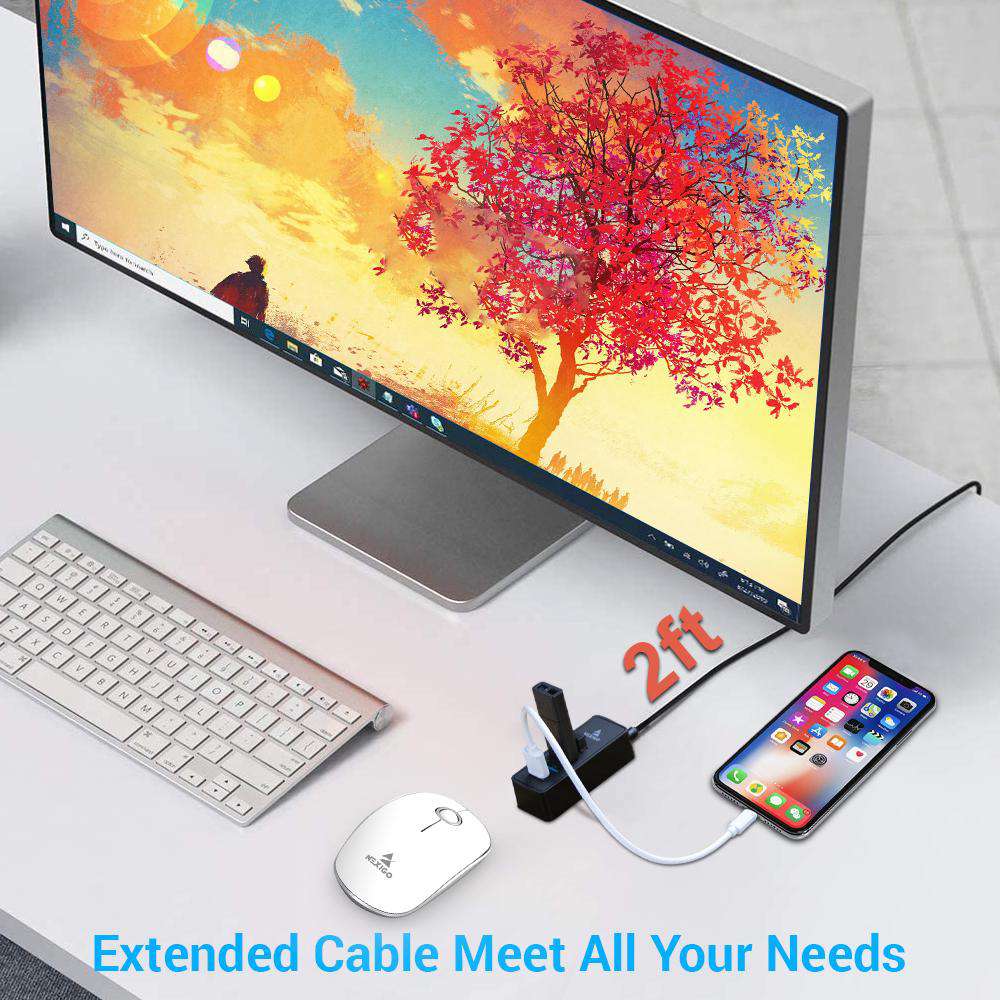 The hub's cable is 2 feet long, providing sufficient length to connect it to the computer.