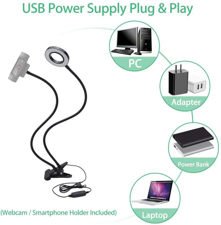 The ring light is compatible with USB power (5V) from PC, laptop, power bank, Adapter