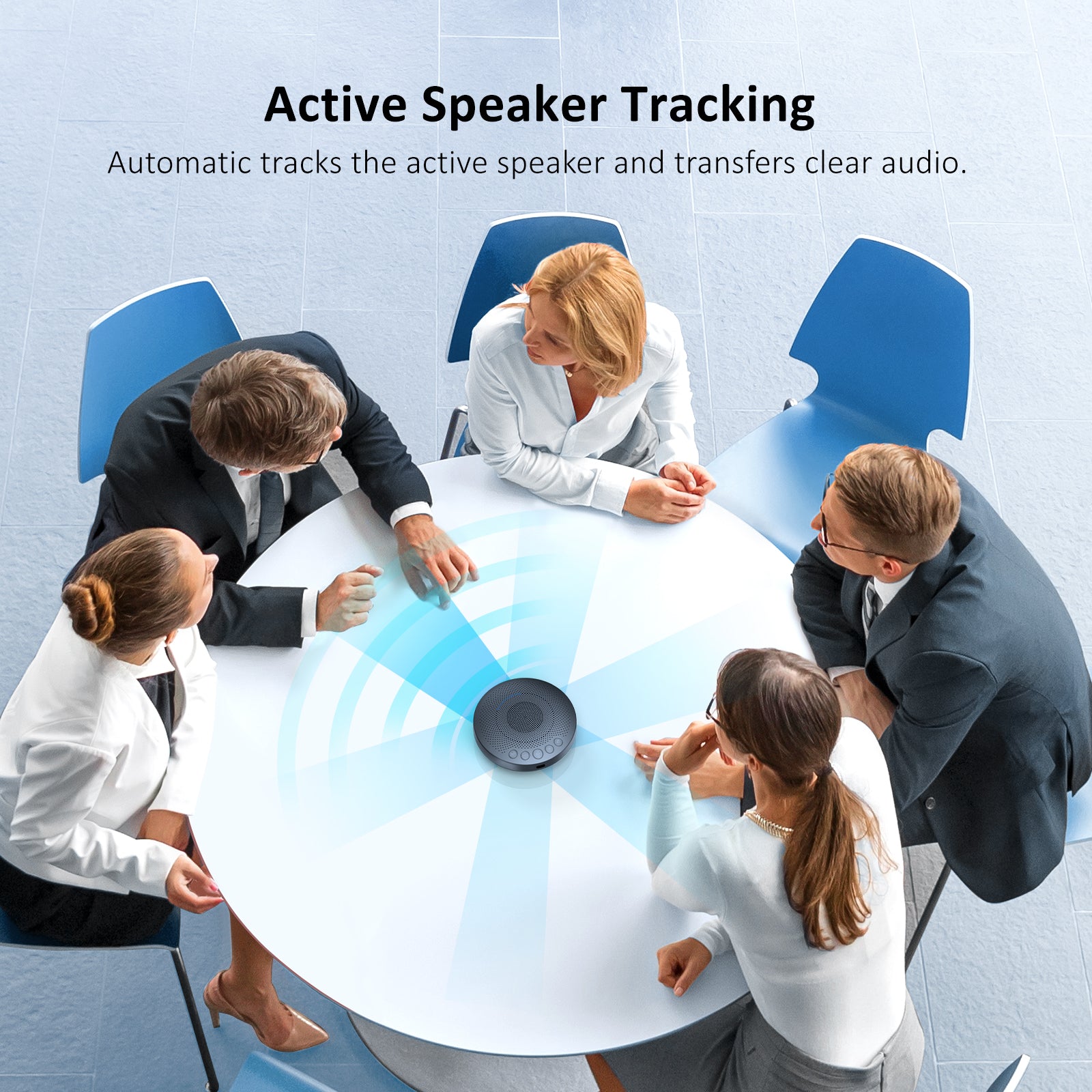 SPK03 Bluetooth Speakerphone automatically tracks and delivers clear audio from the active speaker.