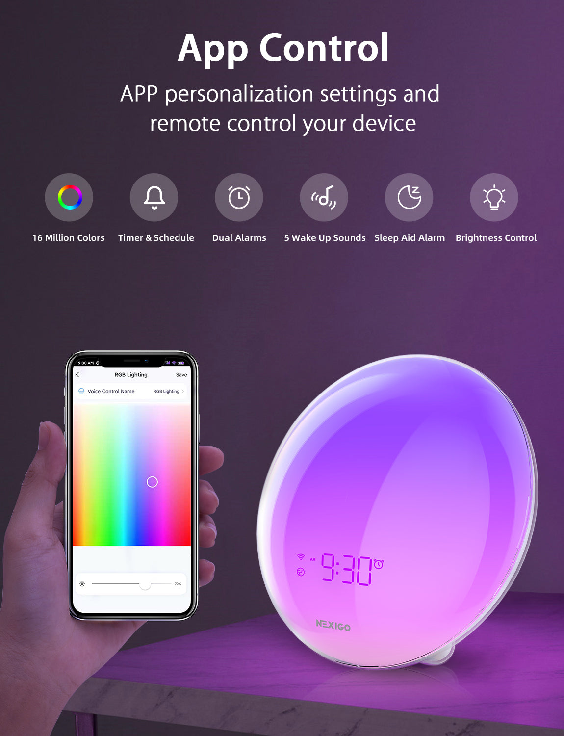 Alarm clock with app settings for Colors, Timer & Schedule, Dual Alarms, etc.