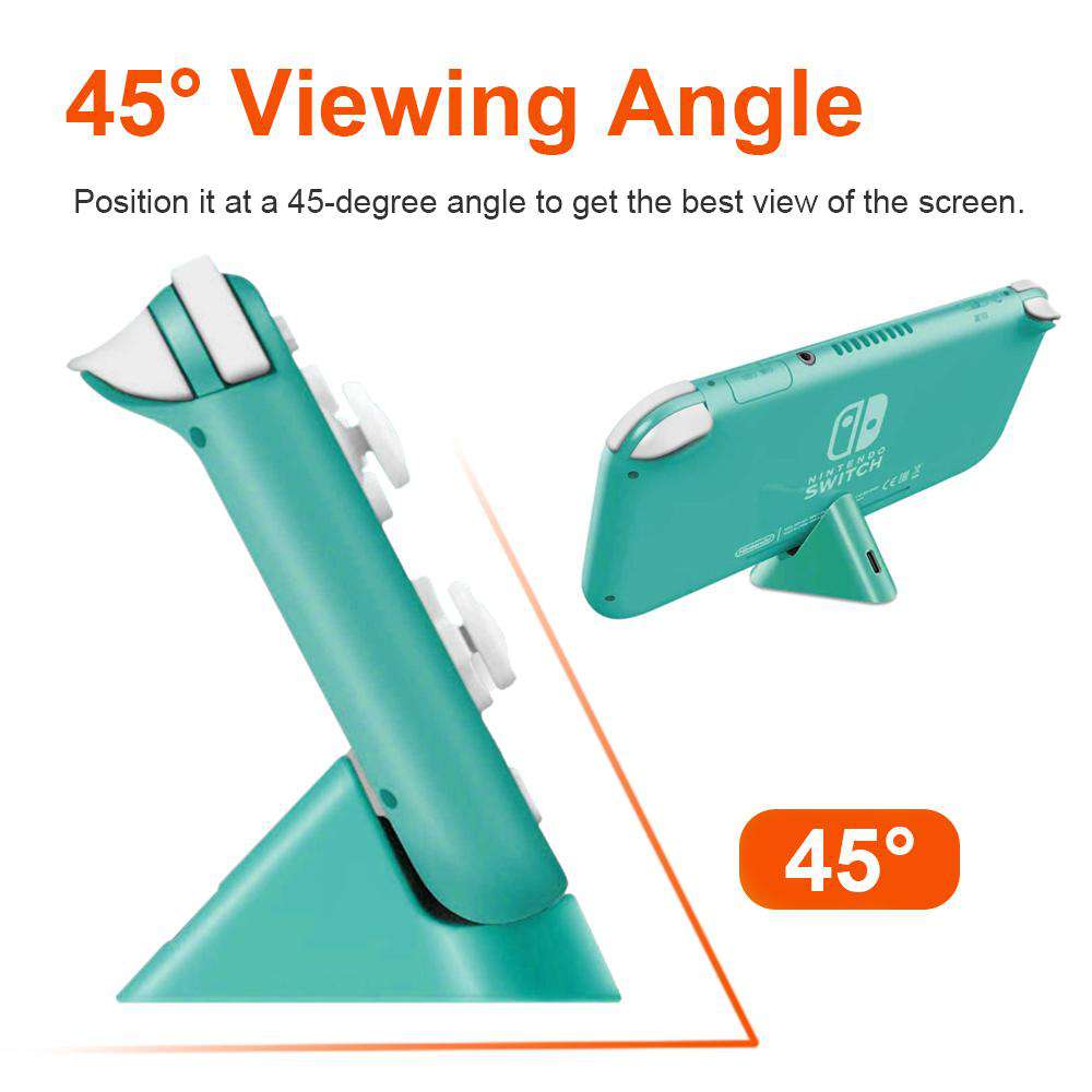 The charger dock features a 45 degree angle to stably support the Switch when leaning against it.