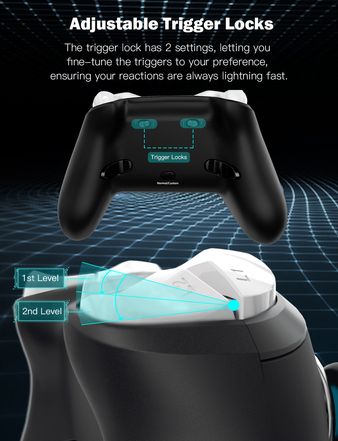 Showcasing two adjustable trigger stops on the back of the controller.