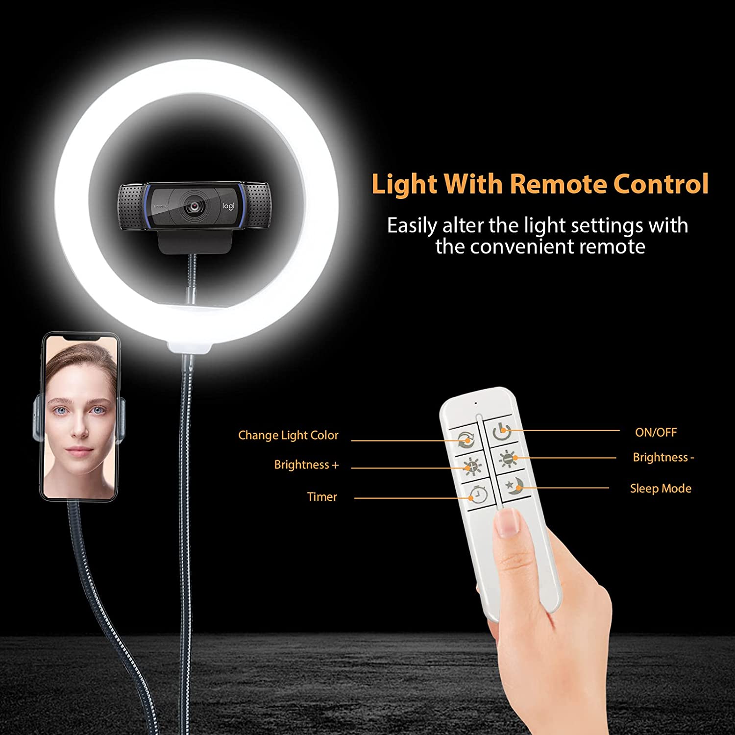 Adjust the brightness of the ring light using the remote control.
