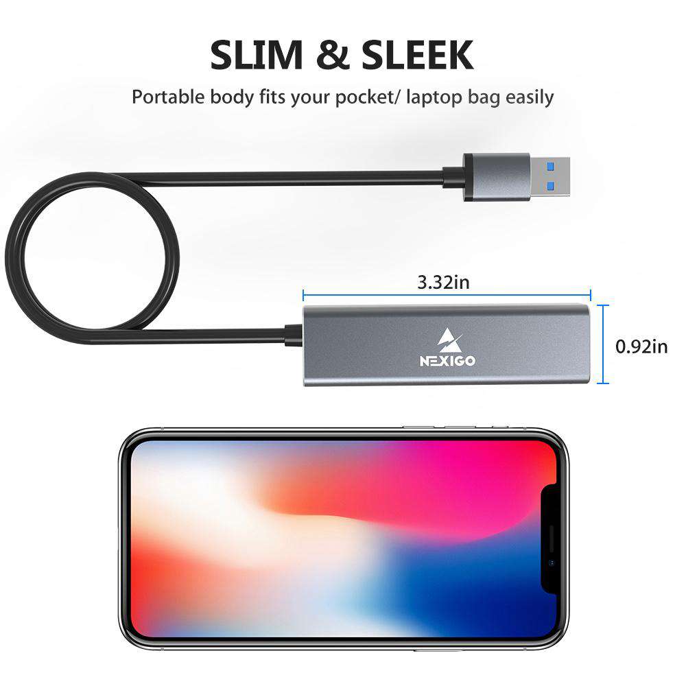 Slim and portable, the hub measures 3.32Ã0.92 inches.