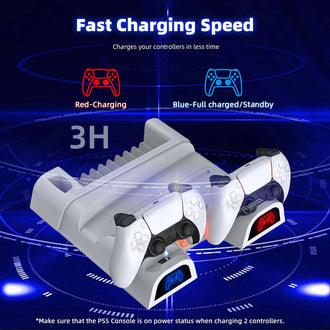 Charge 2 PS5 controllers in 3 hrs with 05100. Red & blue lights indicate charging status.