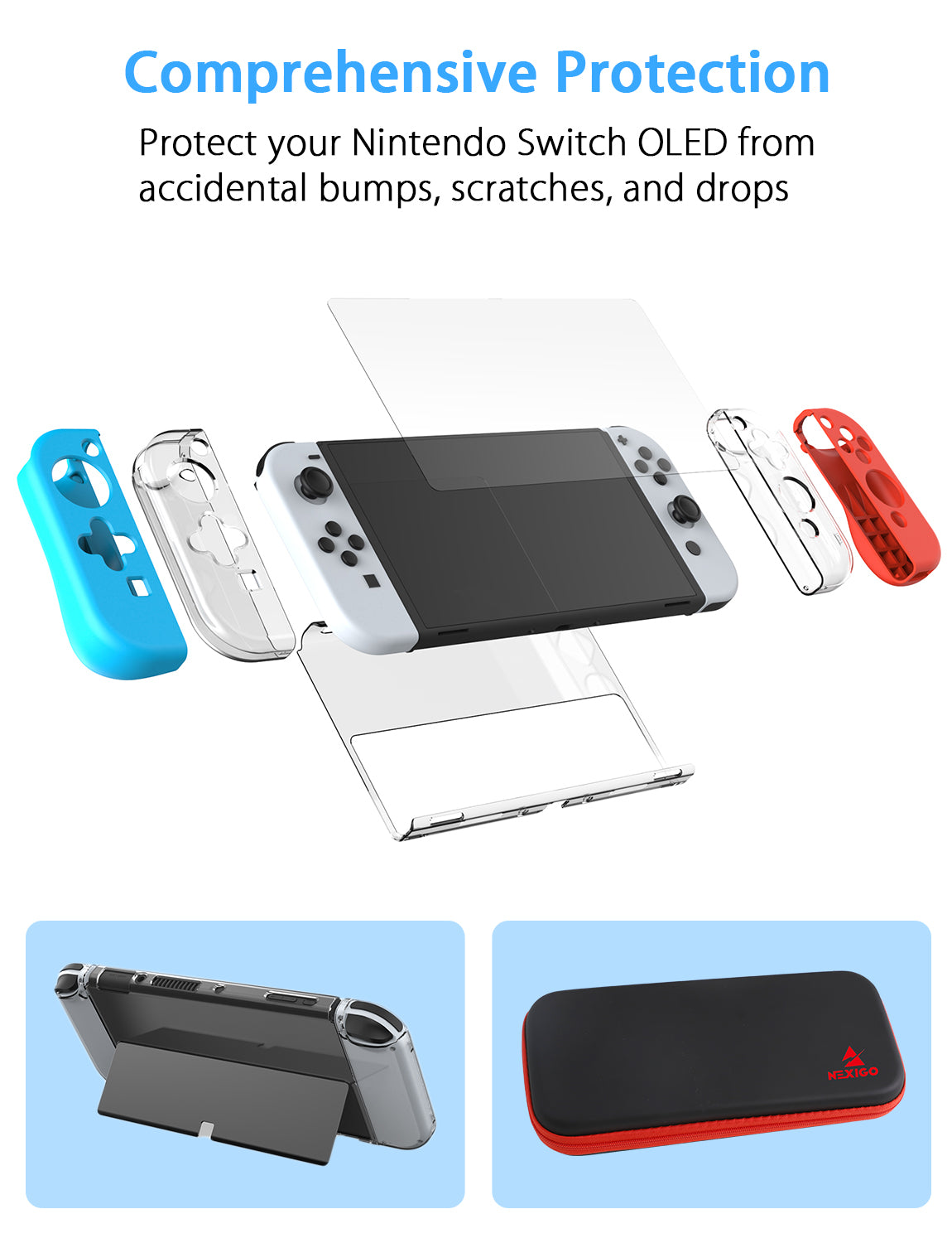 This carrying case with accessories protects your Nintendo Switch OLED from accidents.