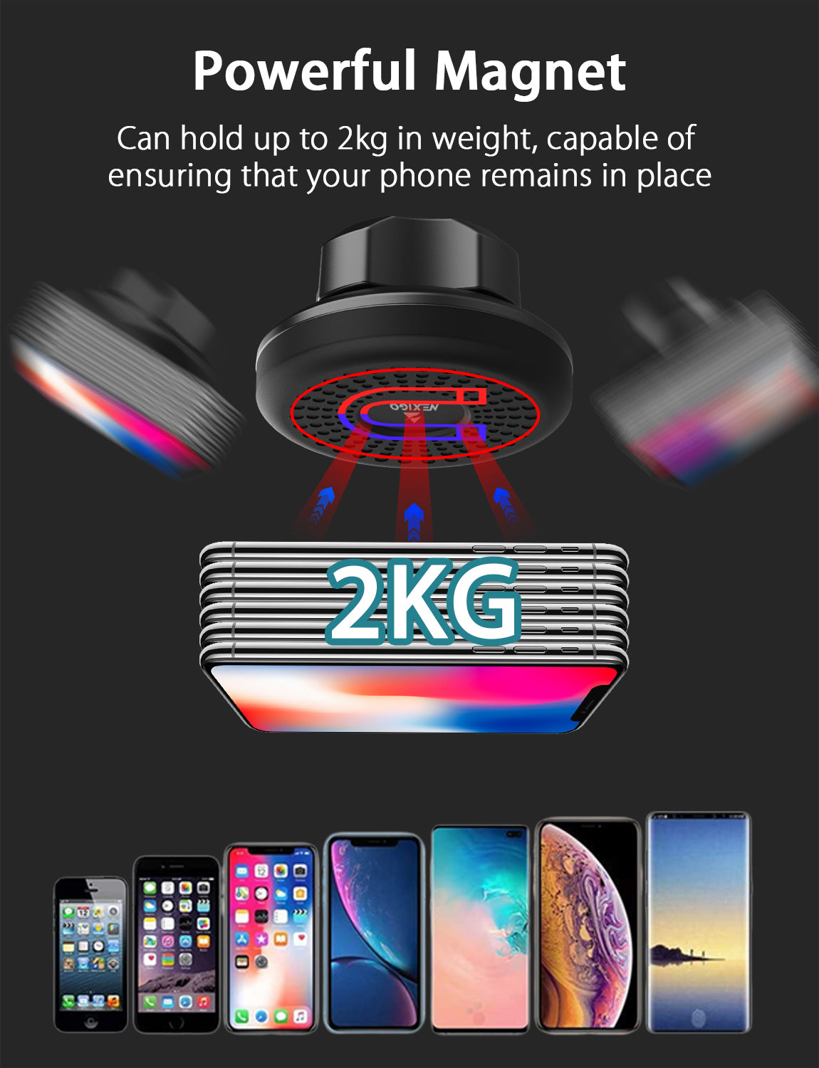 The image showcases a strong suction cup capable of withstanding a weight of 2kg. 