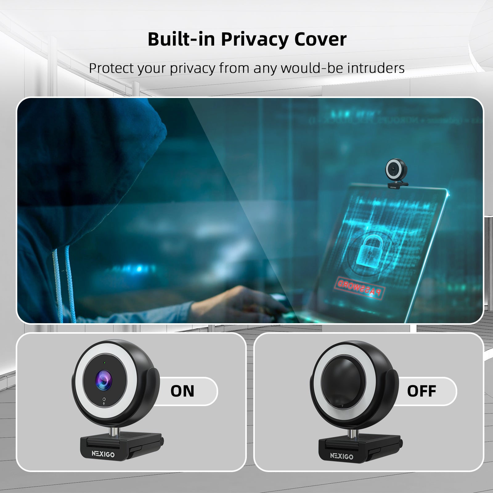 Webcam with magnetic privacy cover, attaches magnetically when not in use.