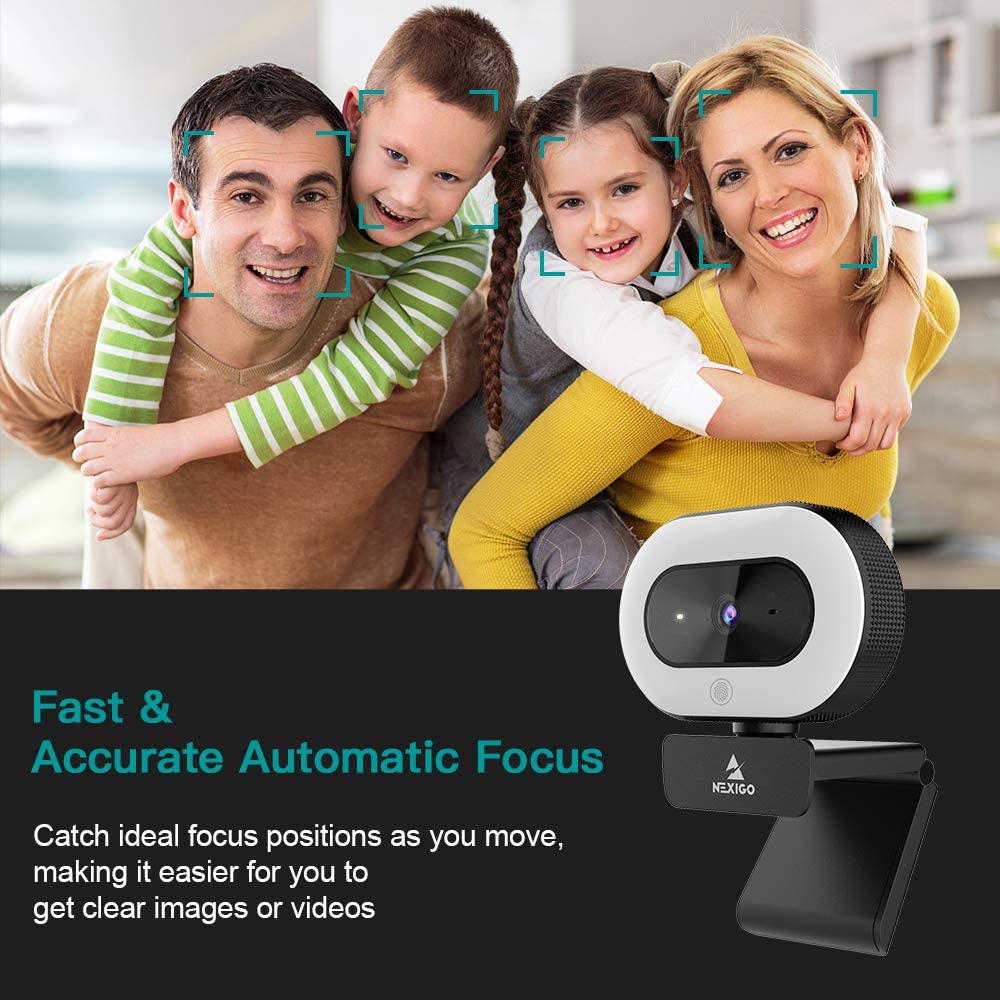 The webcam automatically focuses on parents and two children in the frame for clear imaging