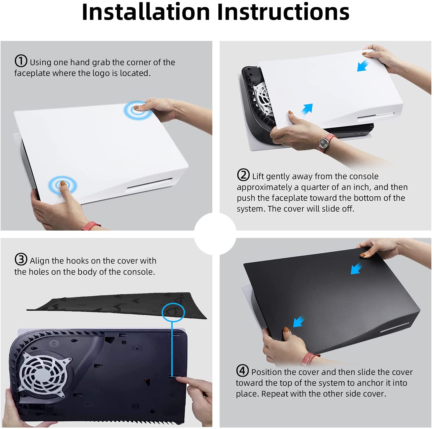 PS5 Accessories Faceplate installation: Remove original cover, attach black cover securely