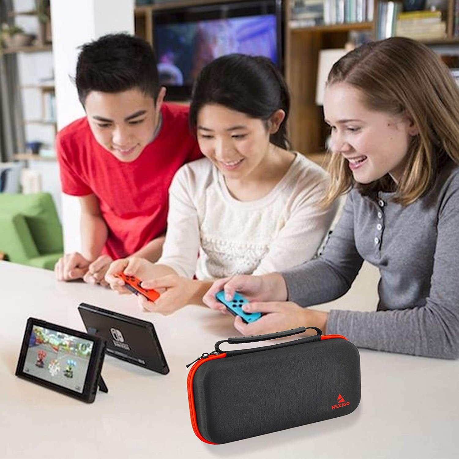 The Switch bag is placed on the table and three people are playing Switch games.