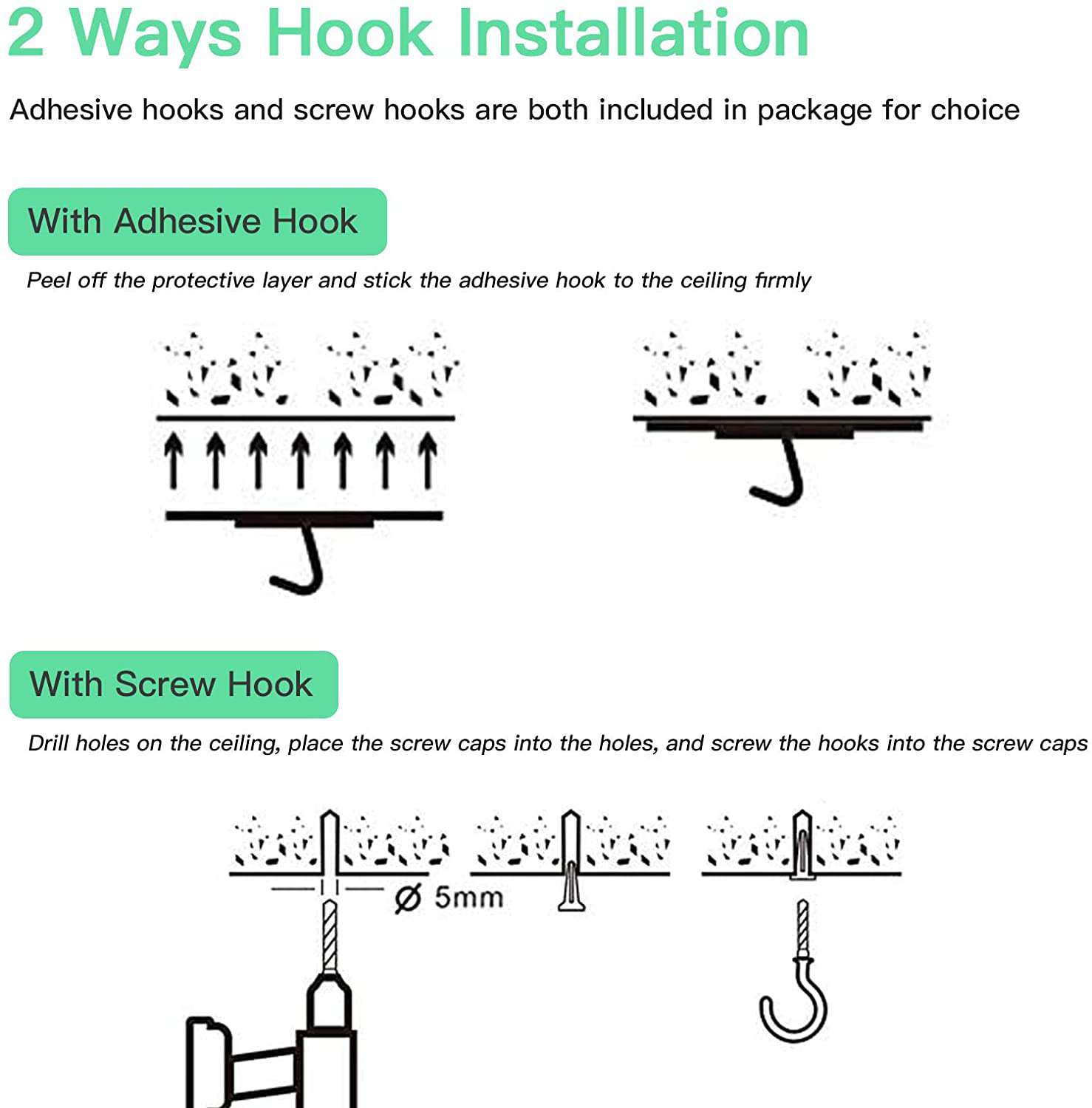 2 installation options: adhesive hooks and screw hooks included.