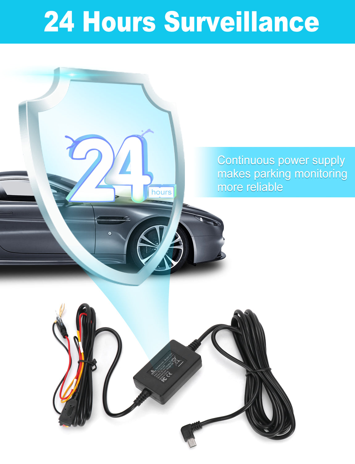 Powered by the vehicle fuse box battery, provides uninterrupted power to dash camera for 24 hours. 