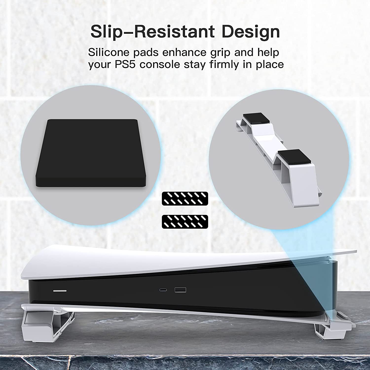 Black silicone pads on the bottom of the stand provide anti-slip functionality. 