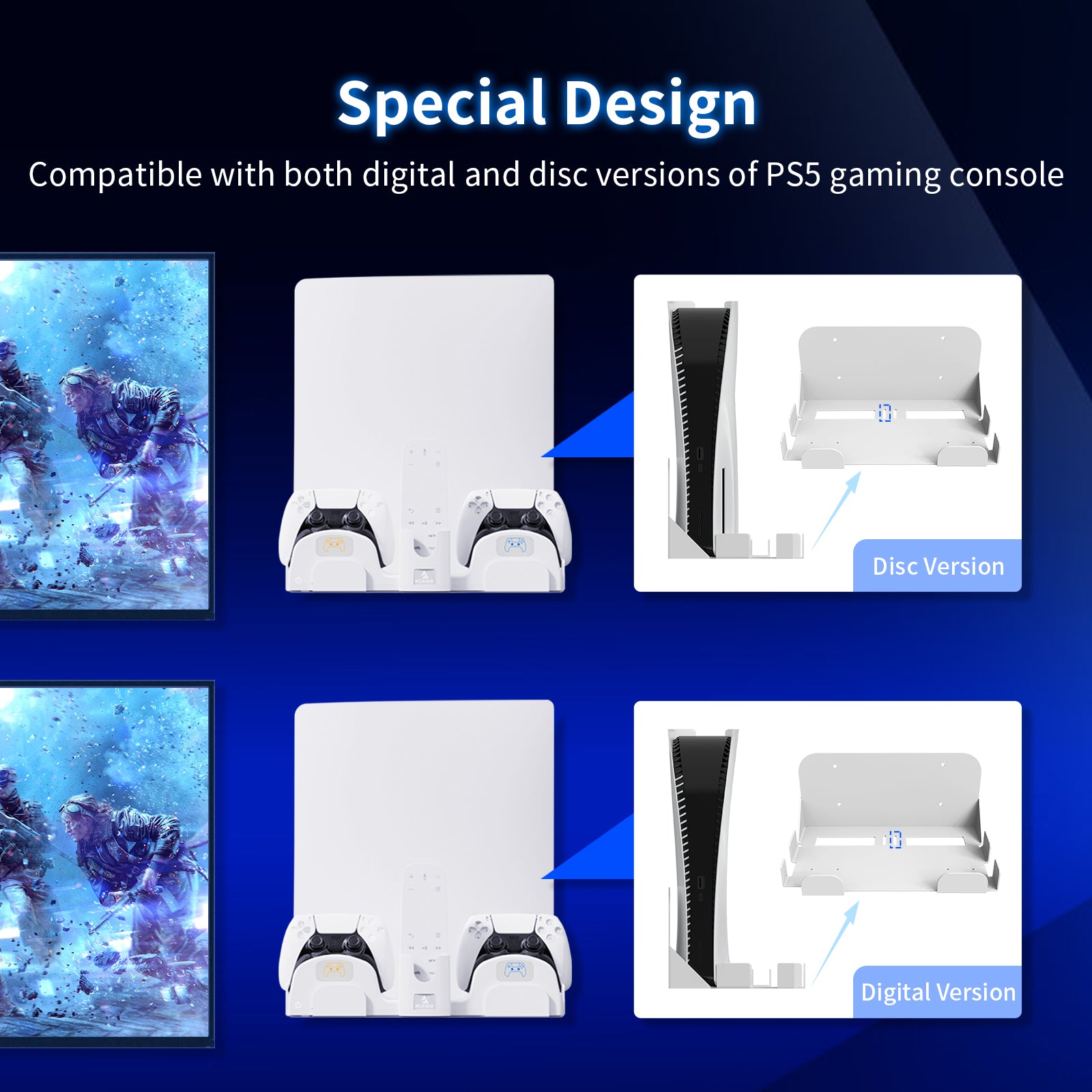 The PS5 Wall Mount with Controller Charger is compatible with both digital and disc versions of the PS5.