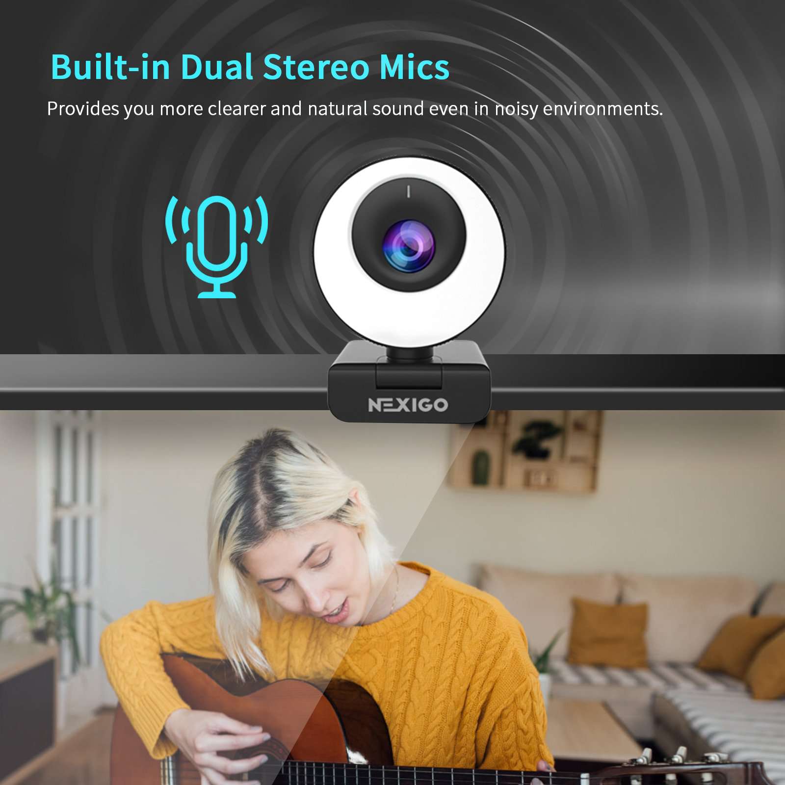 A camera with two built-in stereo microphones can block out background noise.
