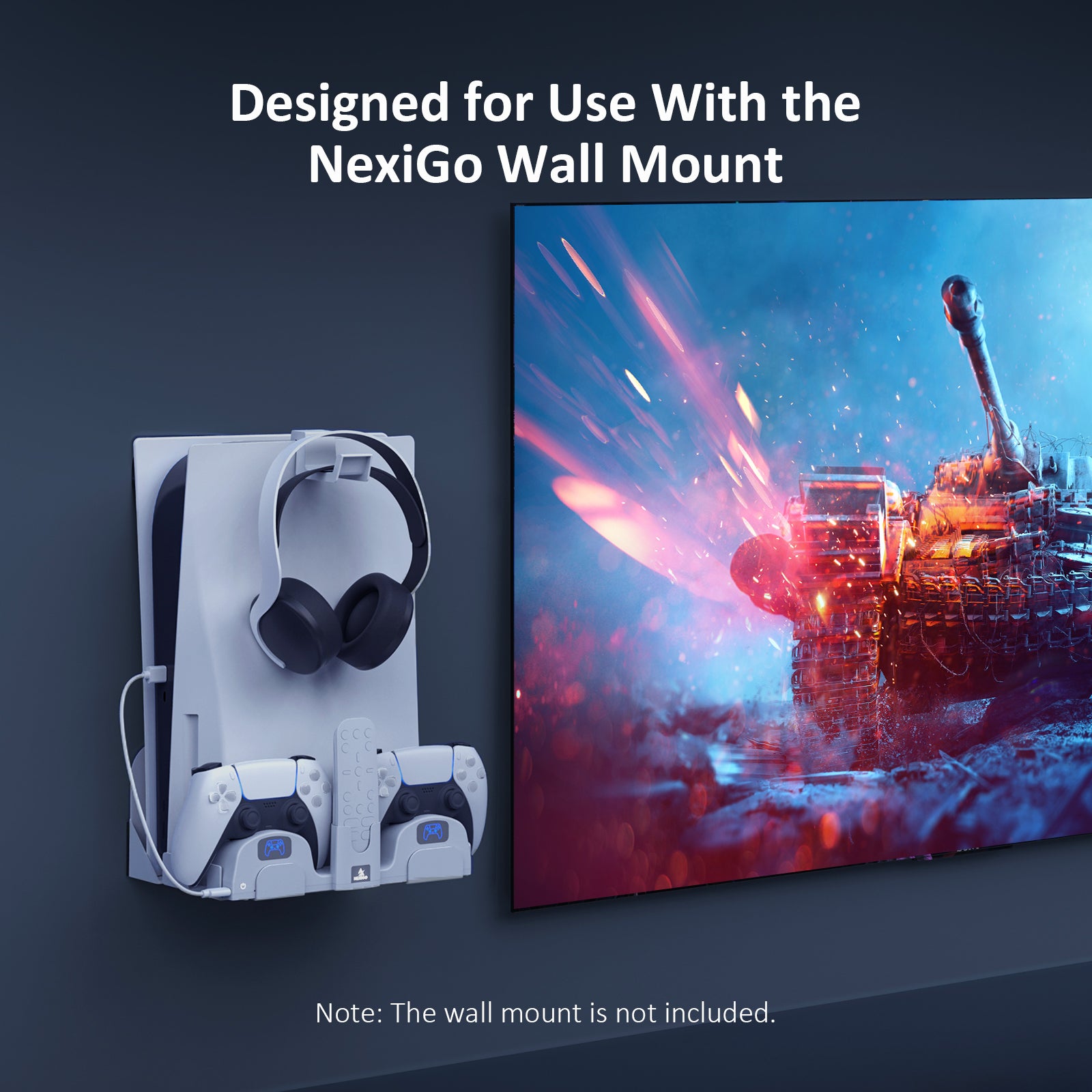 Designed to work with NexiGo wall mount, this dock enables convenient storage and charging of your PS5 controllers on the wall.