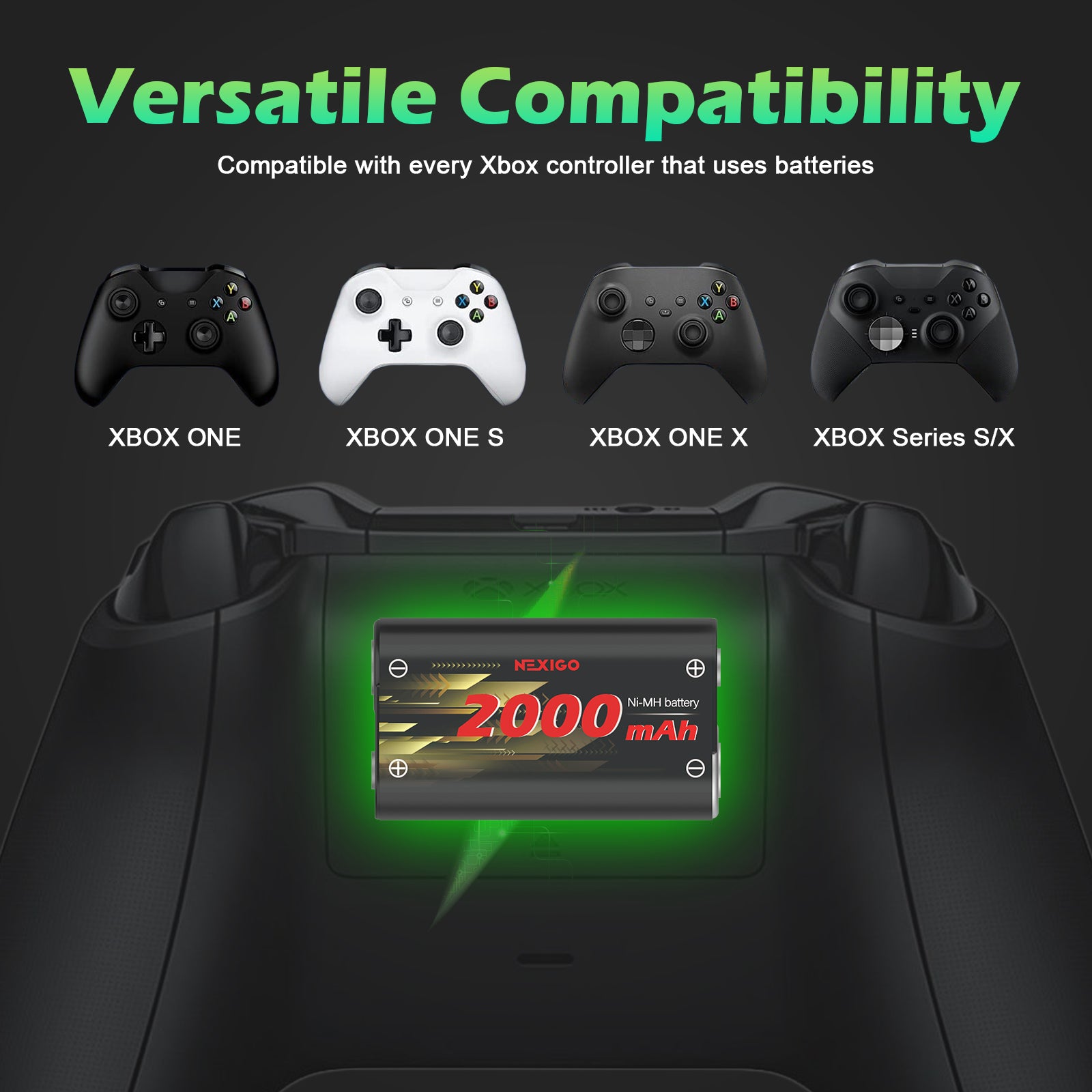 Compatible with all battery-powered Xbox controllers: Xbox One, One S, One X, Series S/X. 