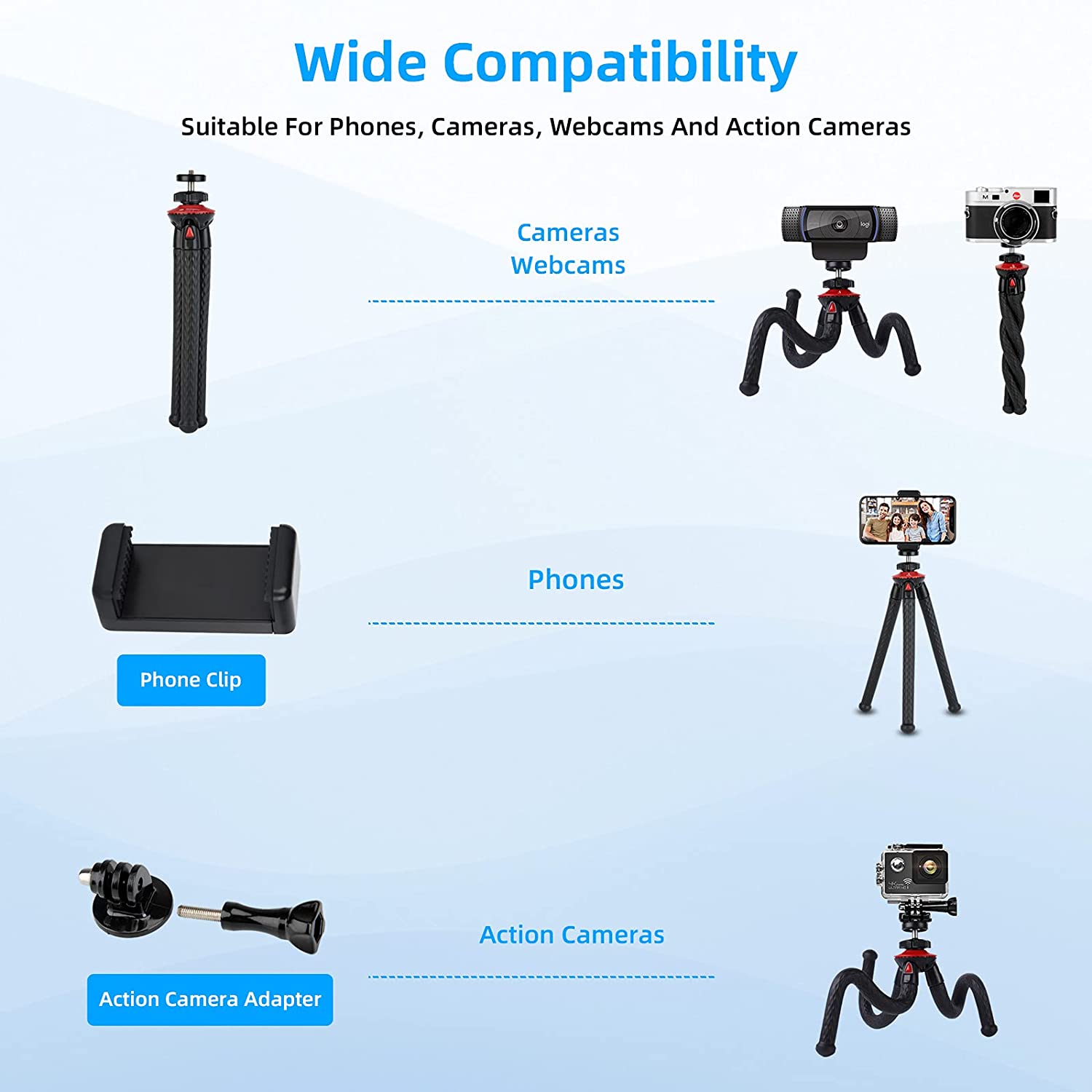 The holder can be widely used for cameras, phones, and action cameras.