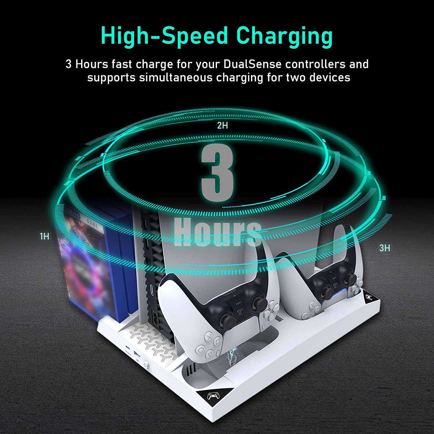 Charging dock powering two PS5 controllers; fully charged in about 3 hours.