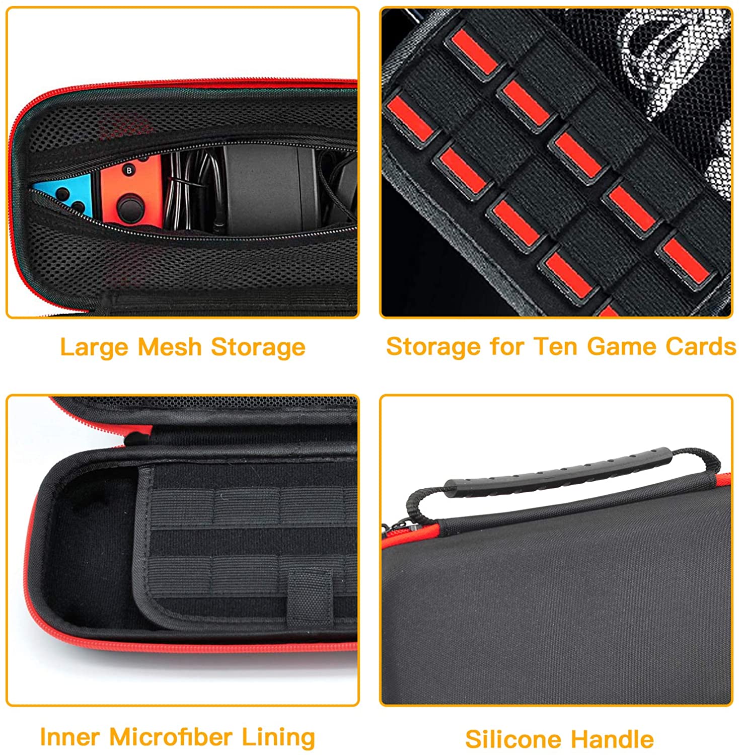 Carrying case has mesh pocket, 10 game card slots, compartments, and silicone handle.