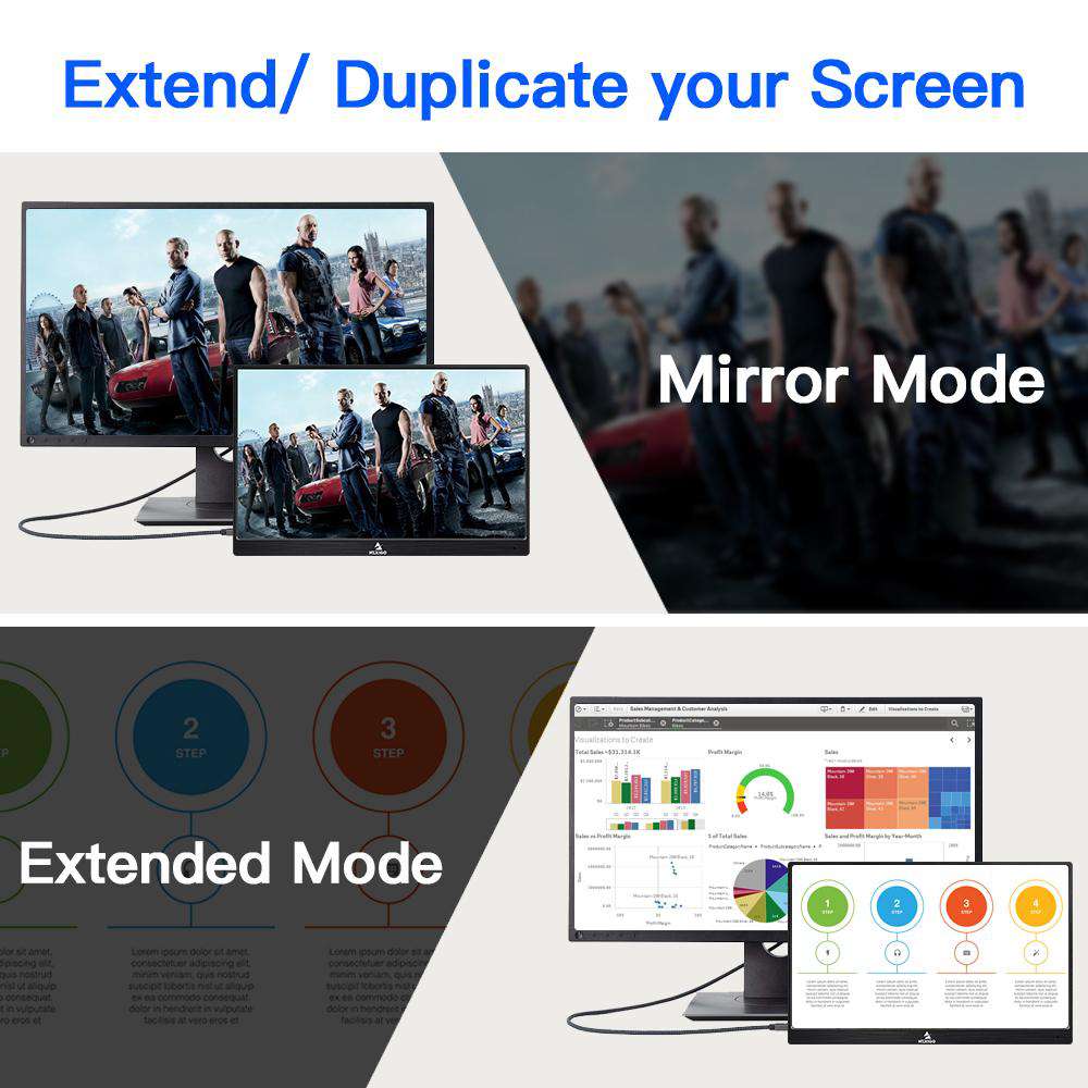 Connect the monitor to the computer to display two usage modes: mirror mode and extended mod