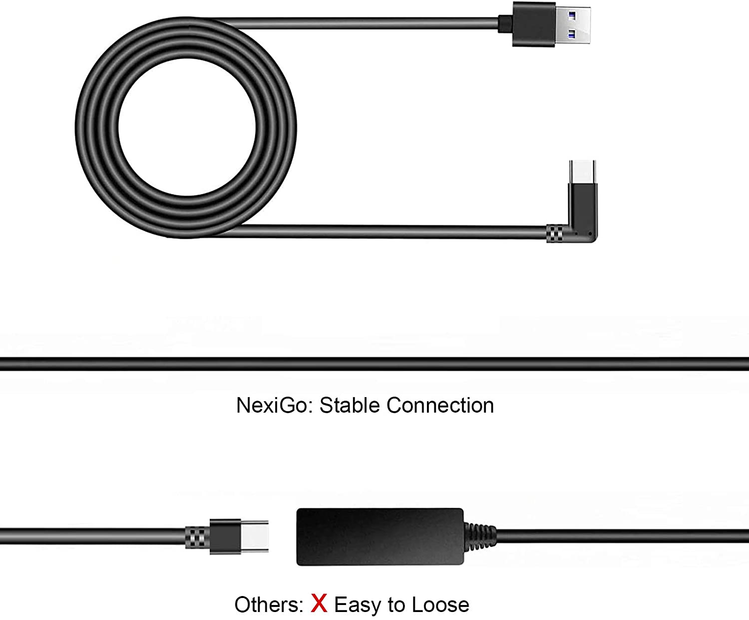 NexiGo cable with 90° connector for more stable and secure connections compared to other cables.