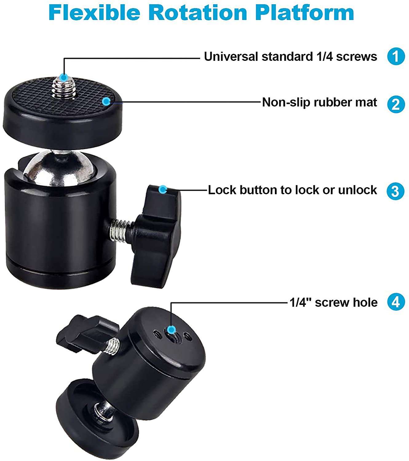 A tripod is equipped with a 1/4'' screw, non-slip pad, 1/4'' screw hole, and locking clip.