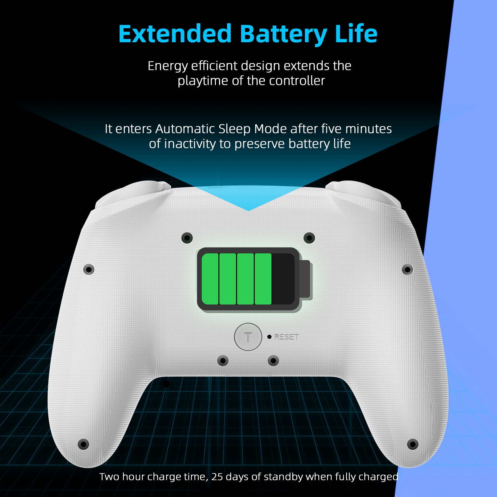 Perspective view of controller's backside highlighting energy-efficient design for extended usage. 