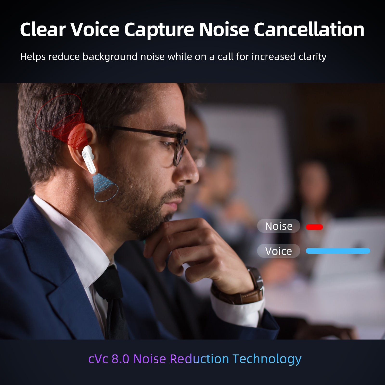 A Man wearing T2 with CVC 8.0 noise-canceling. Clear voice, reduced background noise during calls.