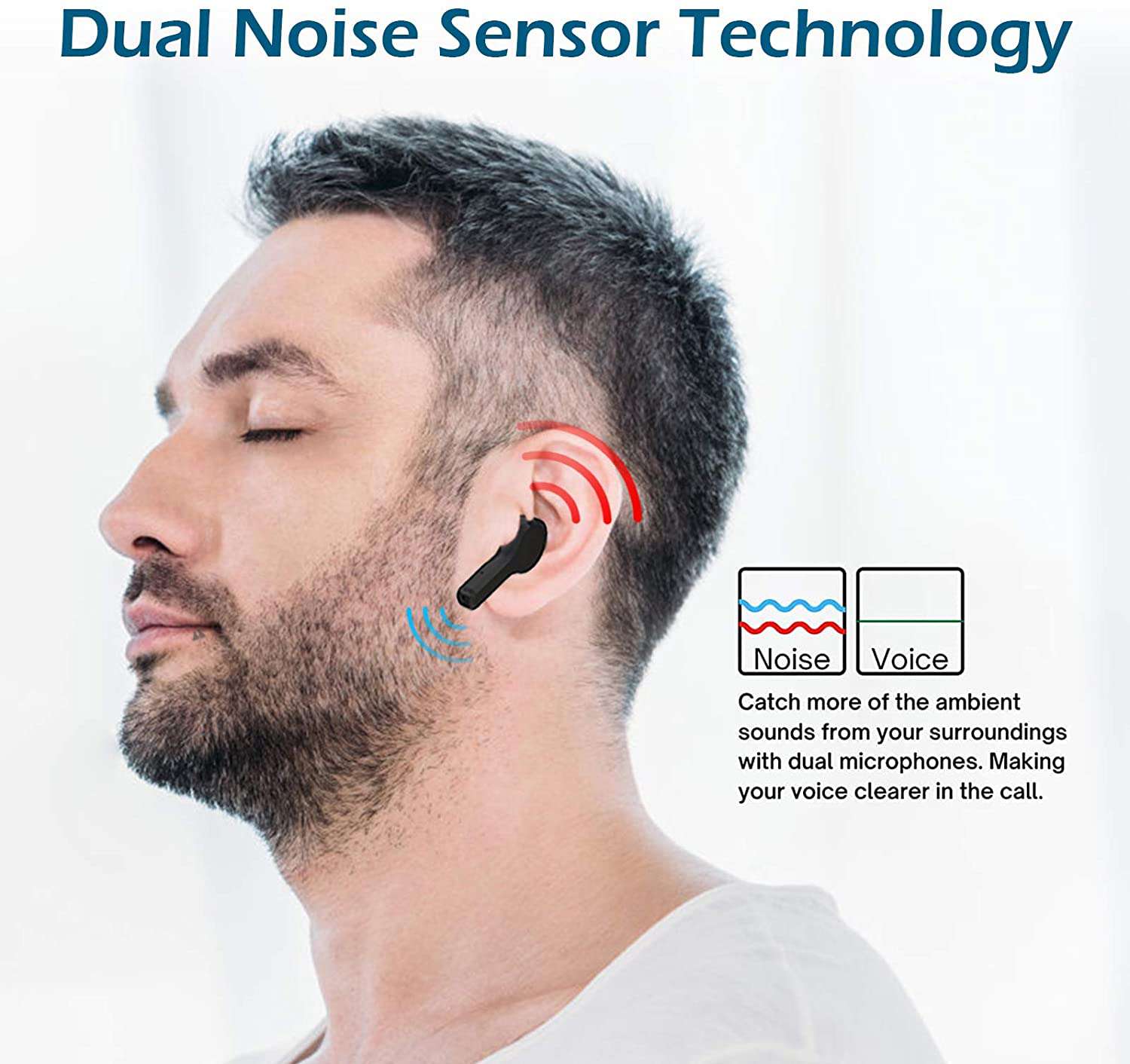 A man enjoys his dual noise-canceling Bluetooth earphones, undisturbed by background noise.