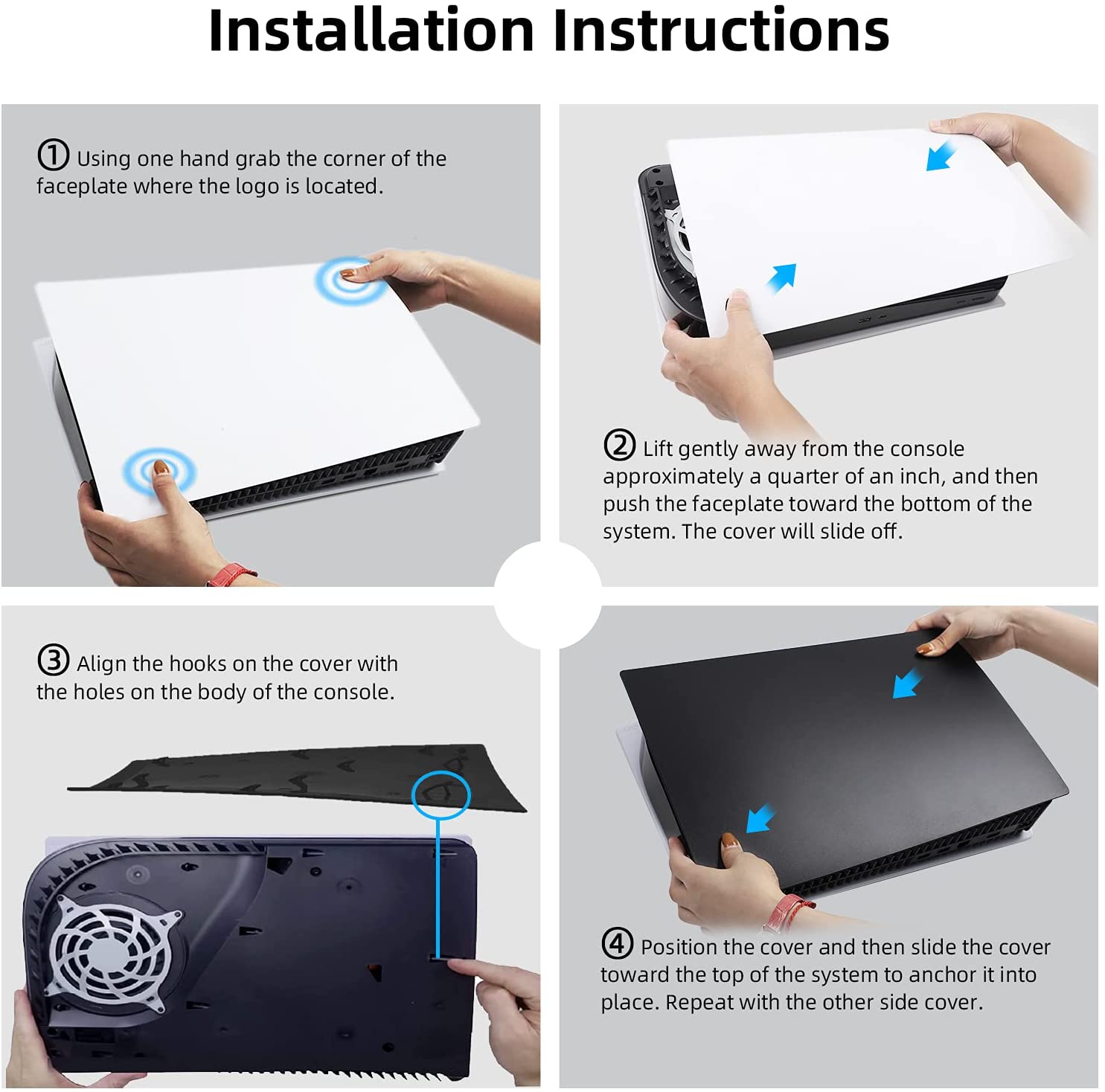 PS5 Accessories Faceplate installation: Remove original cover, attach black cover securely