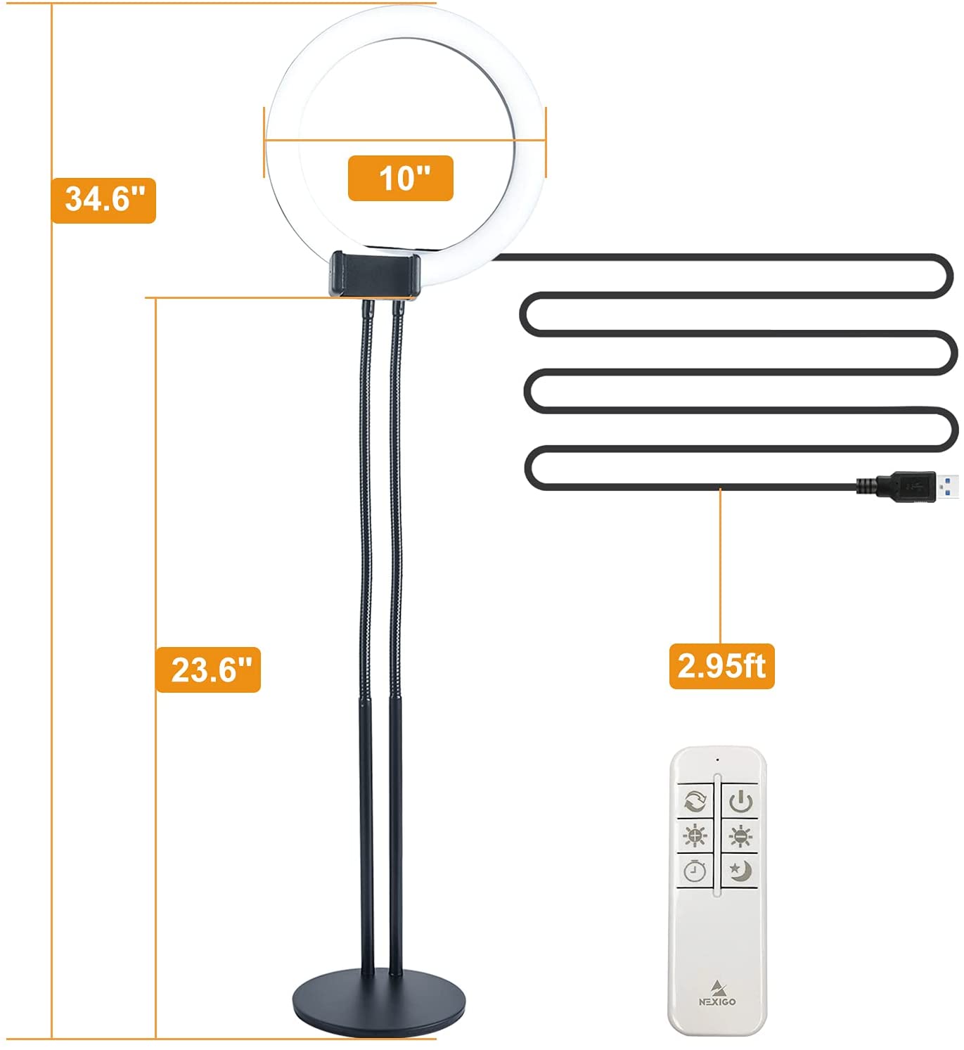 The 10'' selfie ring light with remote is 34.6'' tall and has a cord length of 2.95ft.