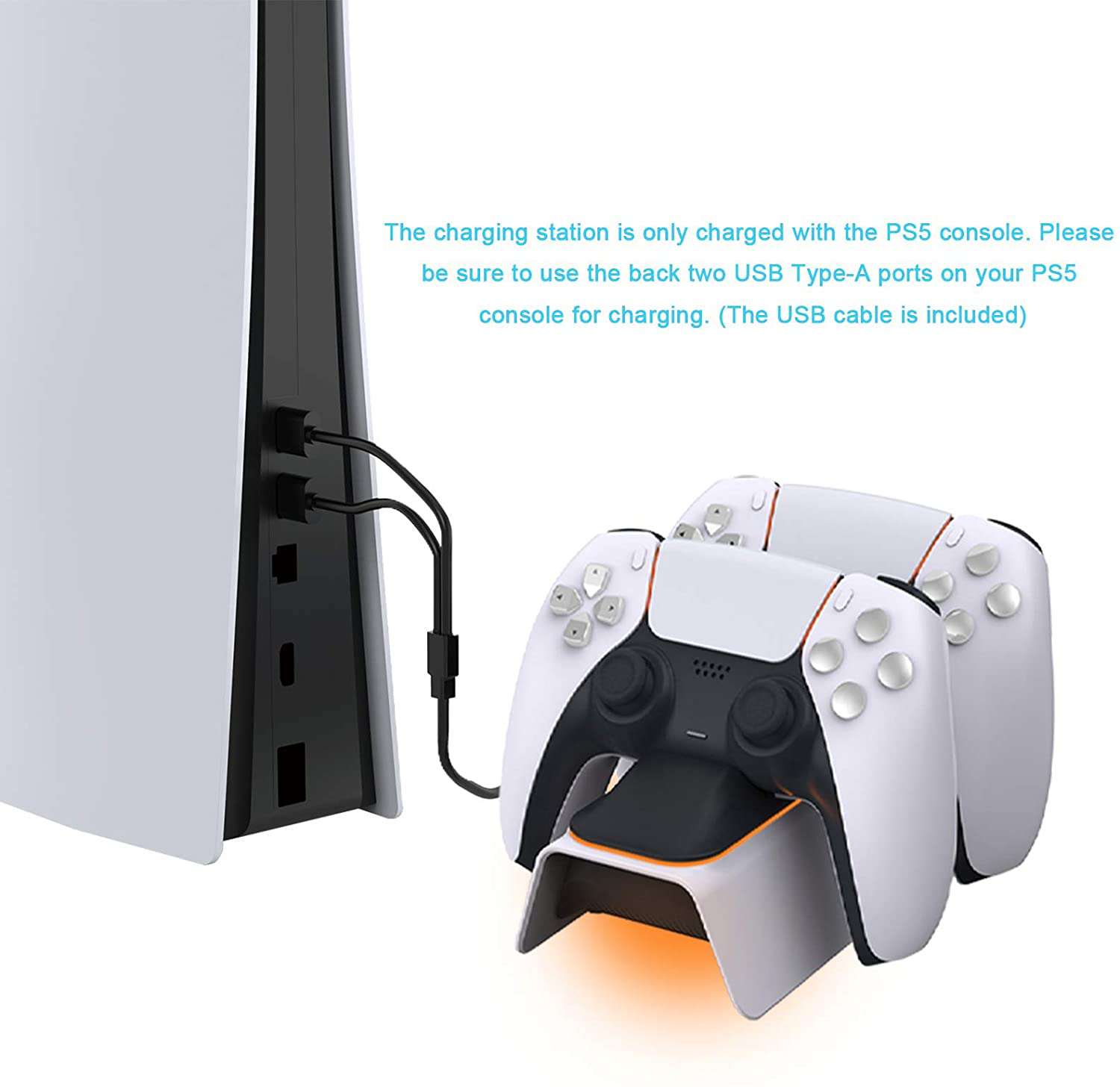 The charging dock is connected to the PS5 console using the Upgraded Dual USB cable.