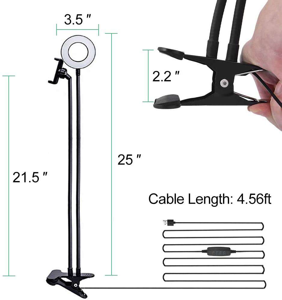 Cable: 4.56ft, Bracket Height: 25ft, Holder Height: 13ft, Ring Light Size: 3.5ft