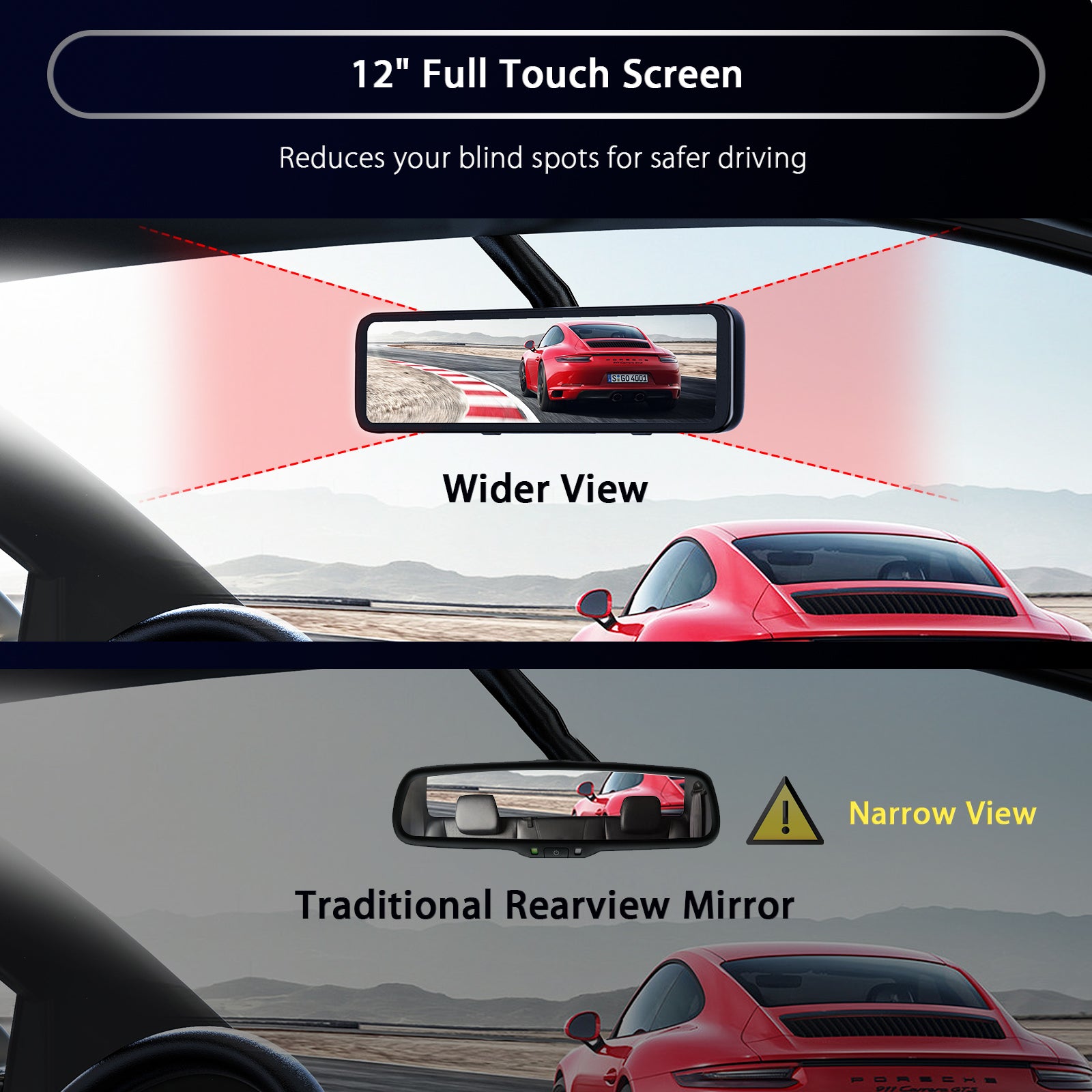 D80 with12" screen reduces blind spots, enhances driving safety compared to traditional mirrors.