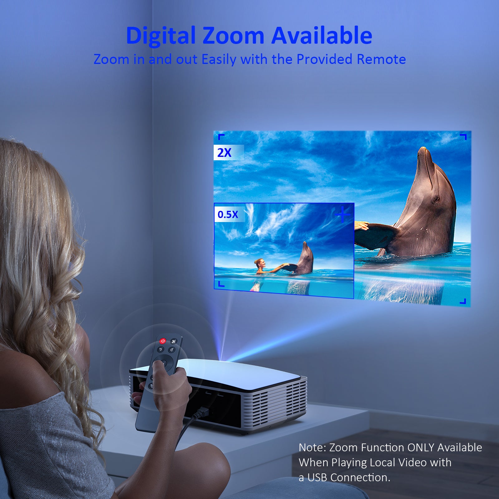 The projection screen size can be easily adjusted using a remote control by a single person.