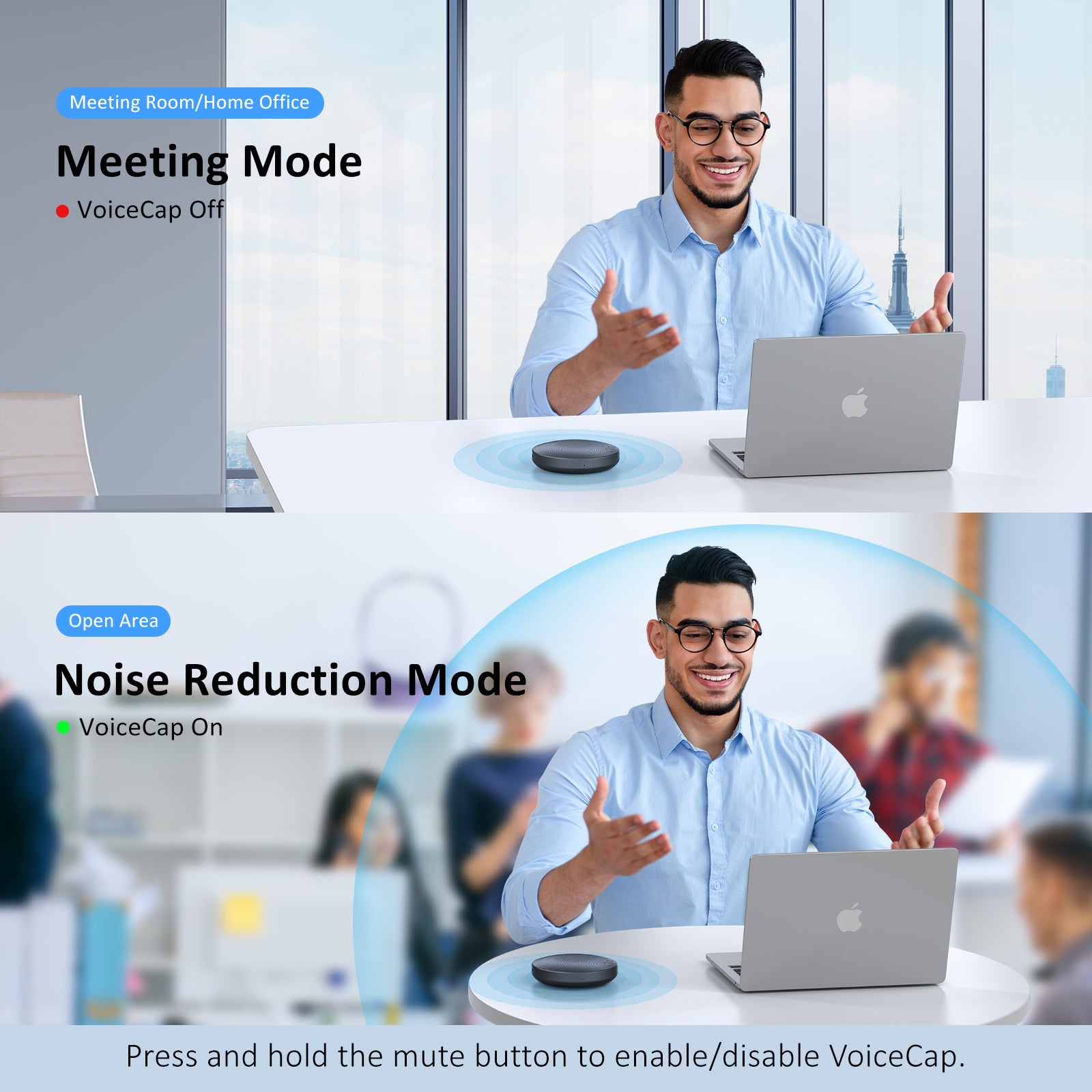 SPK03 Bluetooth Speakerphone features VoiceCap mode to reduce background noise in open areas.