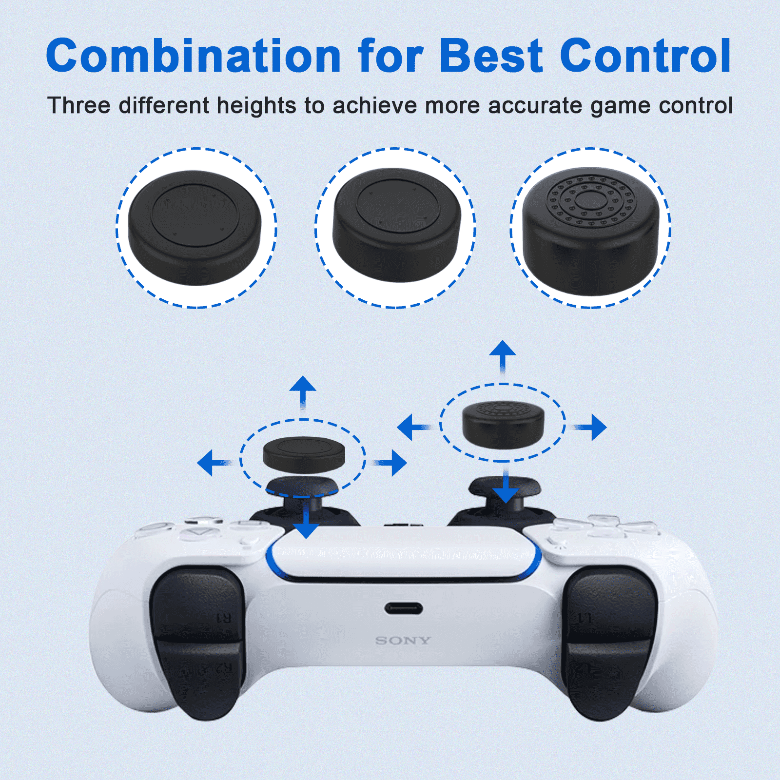 6 included analog thumb grip cover with 3 different heights for enhanced game control.