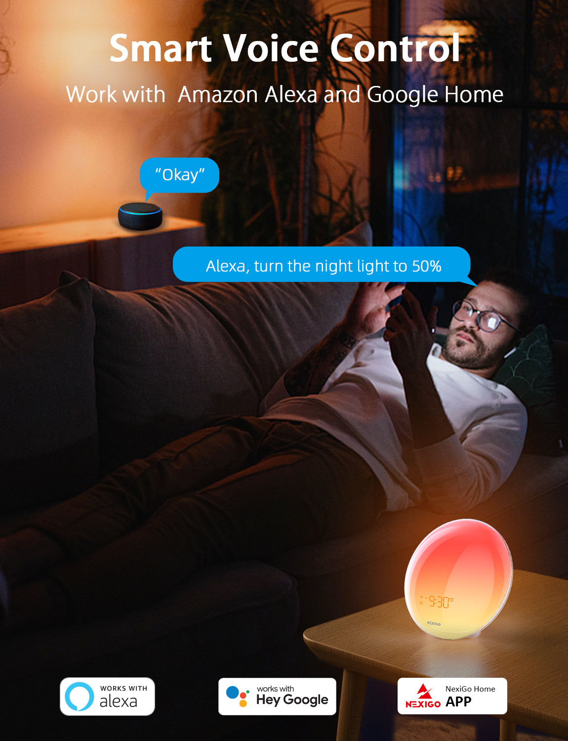A man adjusts the alarm clock brightness using Alexa commands.