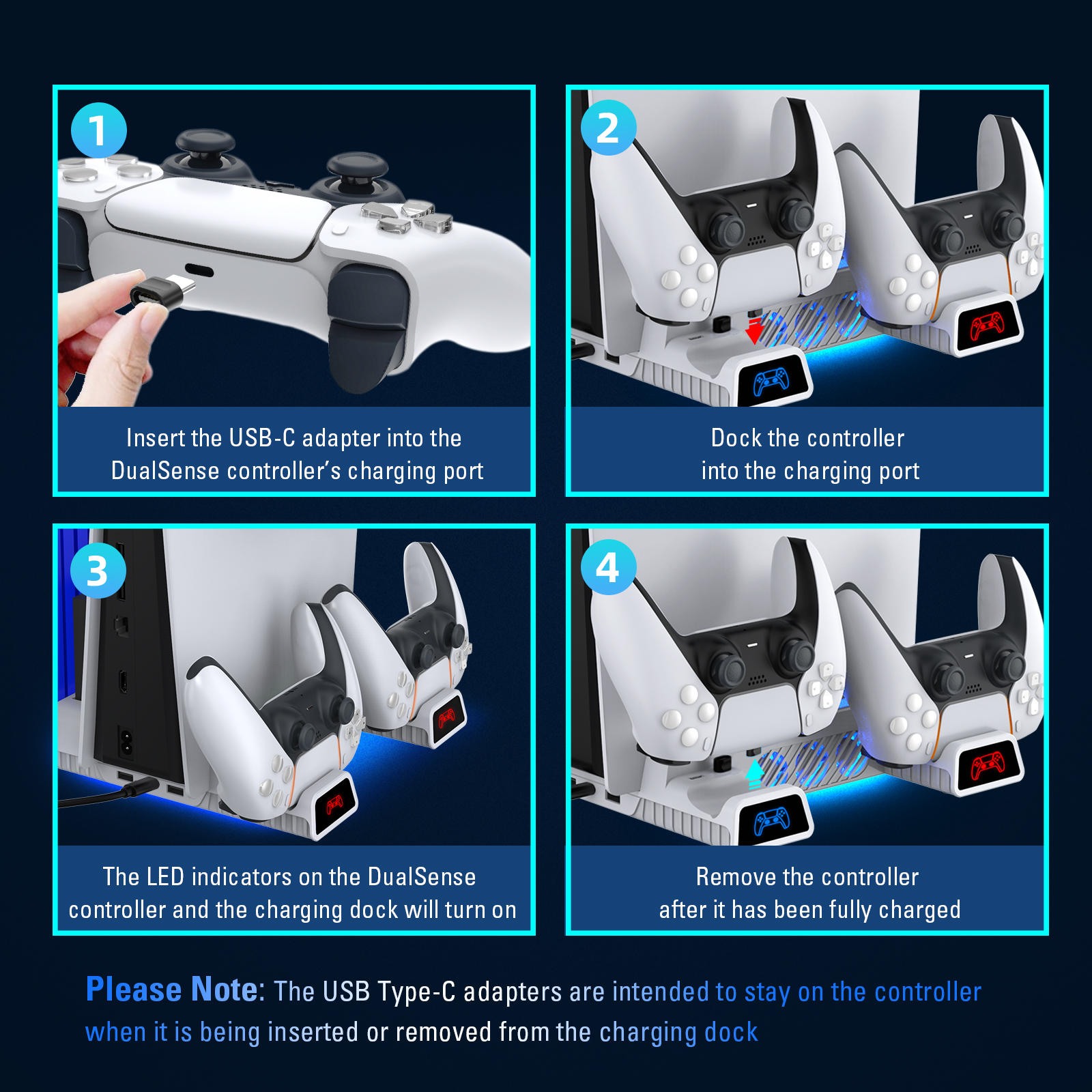 User Guide for Charging Station: PS5 controller charging on the station with USB-C adapter