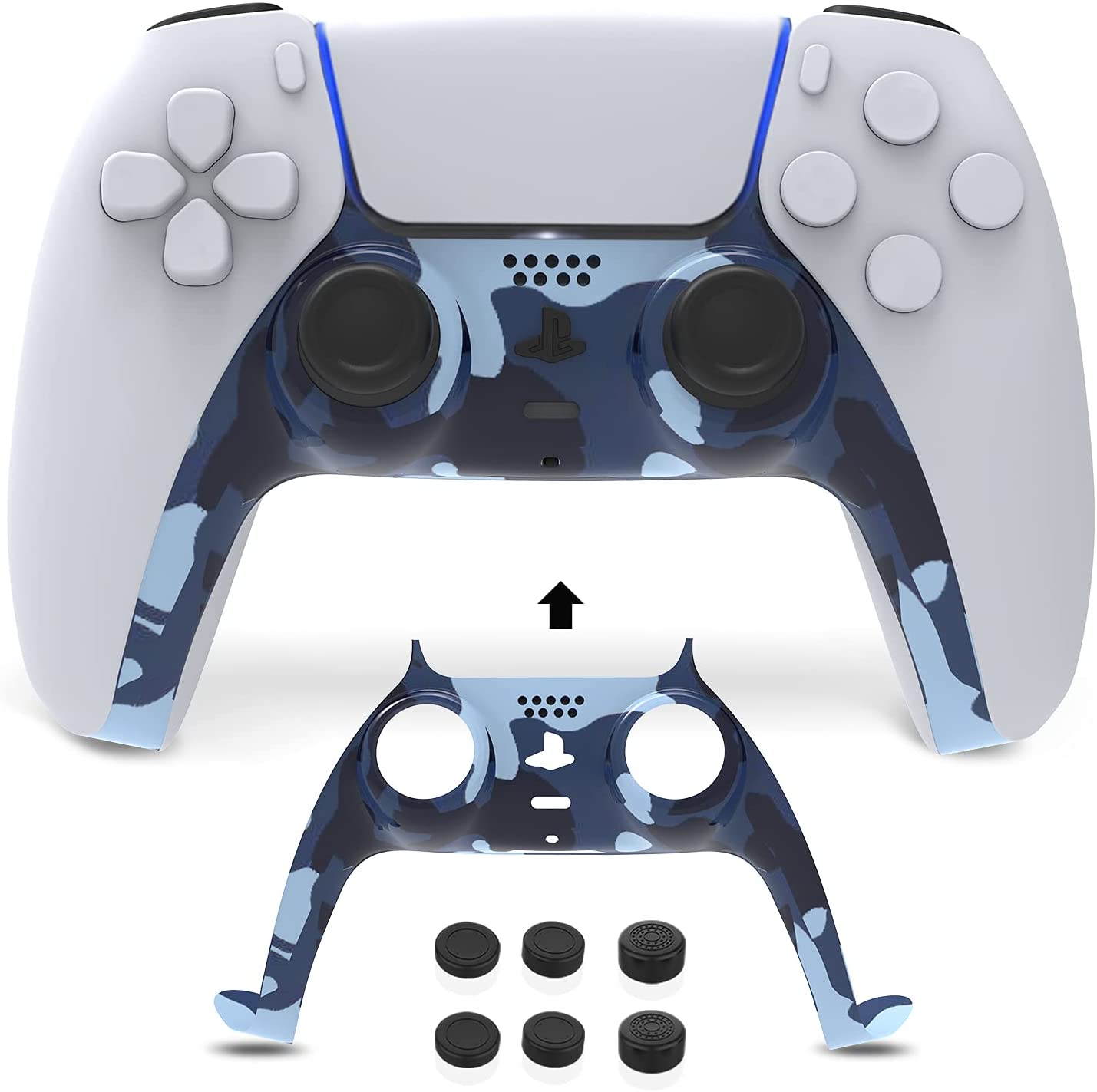Blue camouflage PS5 controller faceplates are available, along with three pairs of replacement joystick caps.